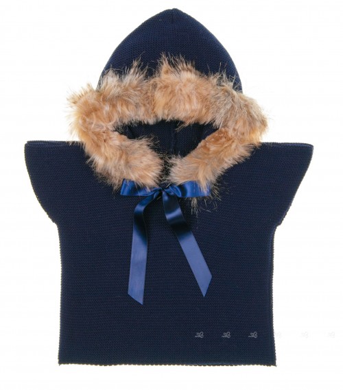 Blue Knitted Poncho Gillet With Synthetic Fur Hood & Satin Bow