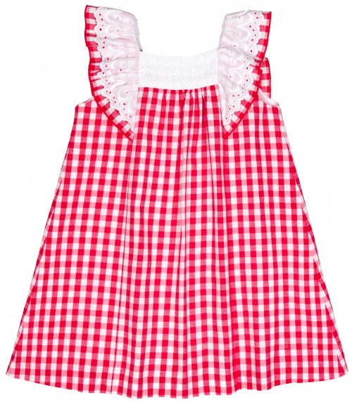 Girls Red & White Gingham dress with Navy Blue Bow