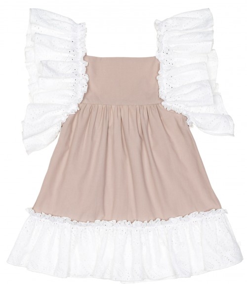Girls Beige & White Ruffle Lace Dress