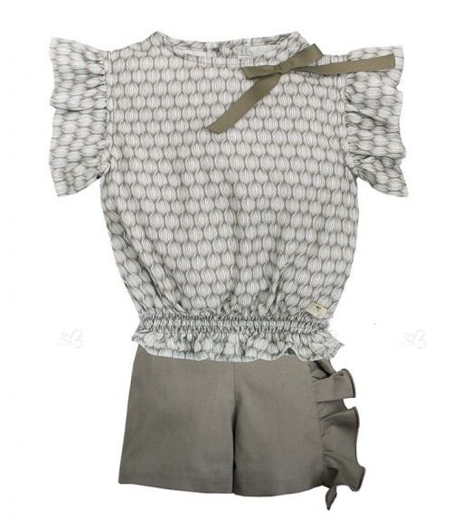 Girls Khaki Geometric Print Blouse & Shorts Set 
