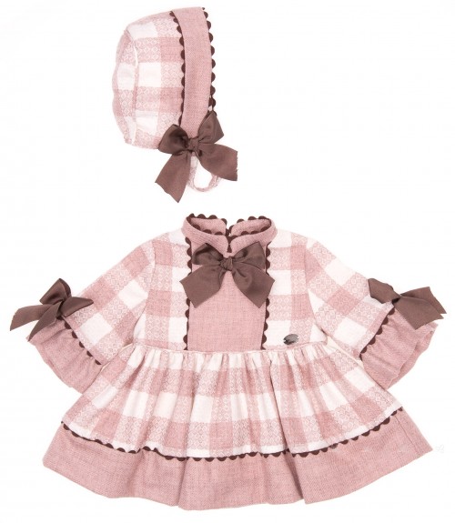 Baby Baby Dusky Pink Checked Dress & Bonnet Set 