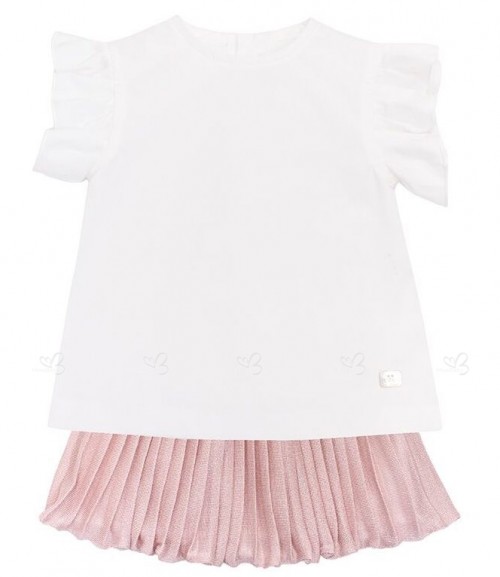 Girls White Blouse & Blush Pink Pleated Skirt Set 