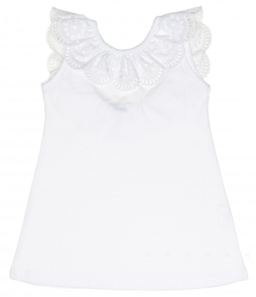 Girls White Cotton Sun Dress with Lace Ruffle Collar