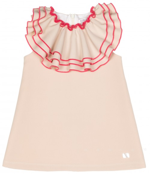 Girls Beige  & Coral Pink Ruffle Collar Dress