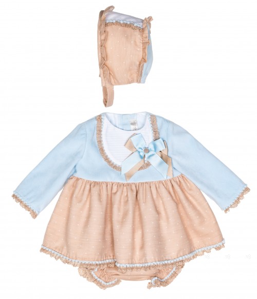 Baby Girls Beige & Blue 3 Piece Dress Set 