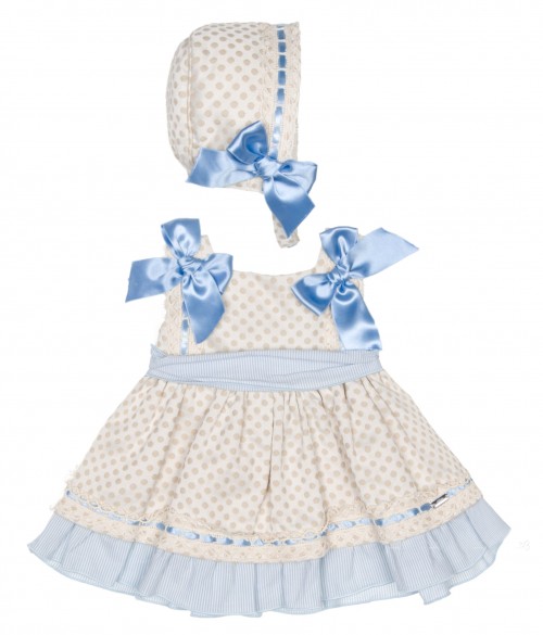Baby Beige & Blue Polka Dot Dress & Bonnet Set 