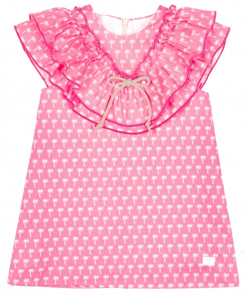 Girls Pink Palm Print Dress with Ruffle Collar 