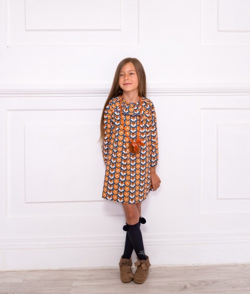 Girls Fox Print Dress & Necklace Outfit