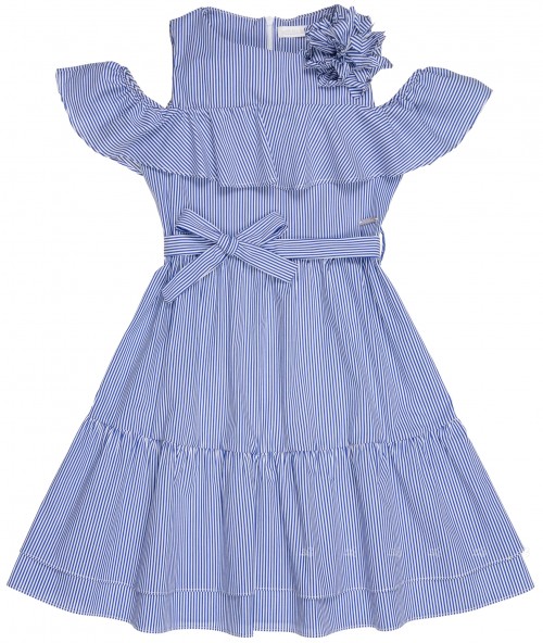 Girls Navy Blue & White Striped Dress with Floral Brooch.