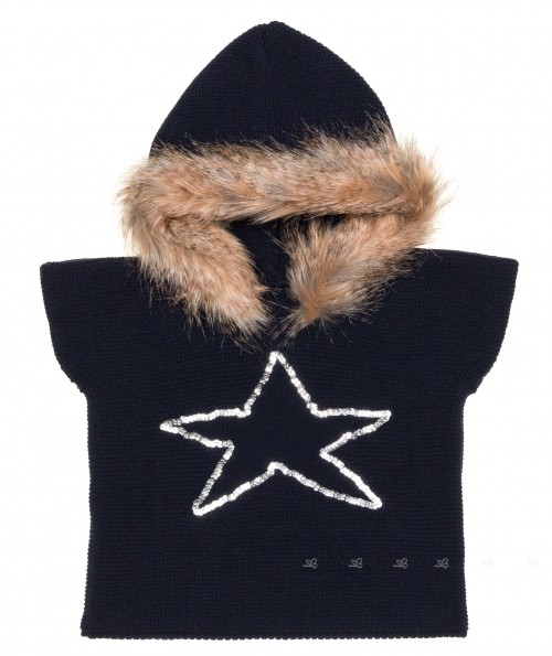 Blue Knitted Poncho Gillet With Synthetic Fur Hood & Sequin Star