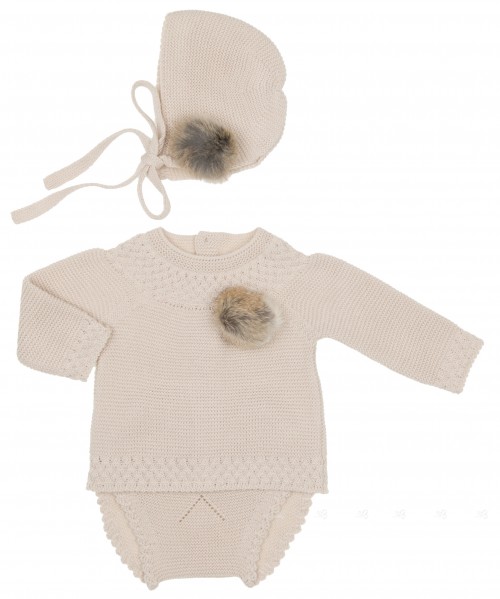 Baby Pale Beige Knitted Sweater, Knickers & Bonnet Set with Fur Pom-Poms