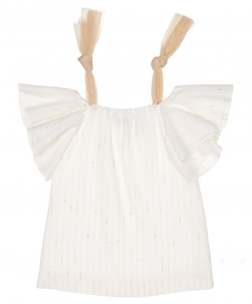 Girls Ivory & Gold Striped Dress with Tulle Straps