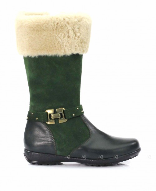 Dark Green Leather Calf Boots With Beige Synthetic Top