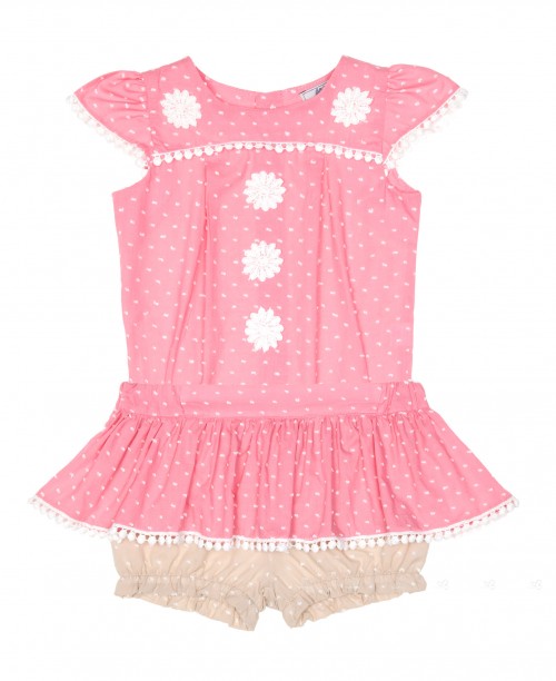Baby Girls Pink Blouse & Beige Ruffle Shorts Set