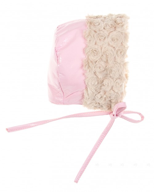Pink Patent Fleece Lined Bonnet with Synthetic Fur