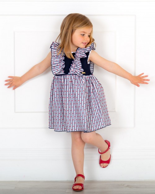Outfit Niña Vestido Combinado Plumeti Marino & Rojo & Sandalia Piel Rojo