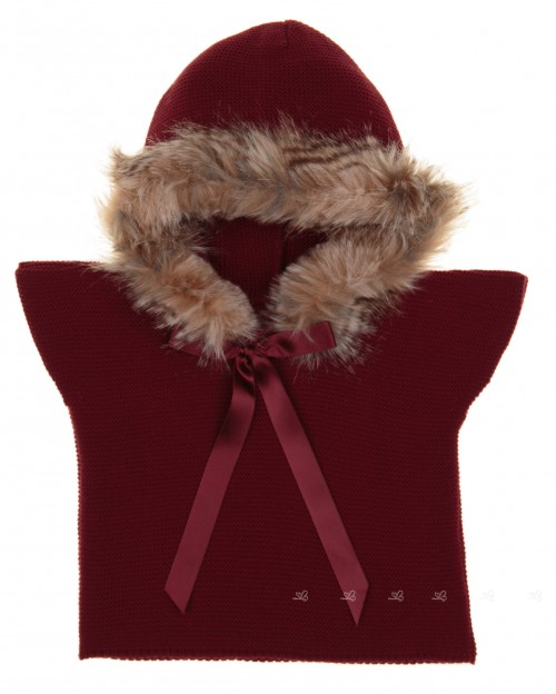 Burgundy Knitted Poncho Gillet With Synthetic Fur Hood & Satin Bow