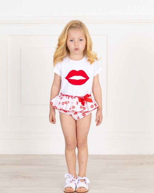 Baby Girls White & Red Lips Print 2 Piece Shorts Set & White Glitter Sandals Outfit