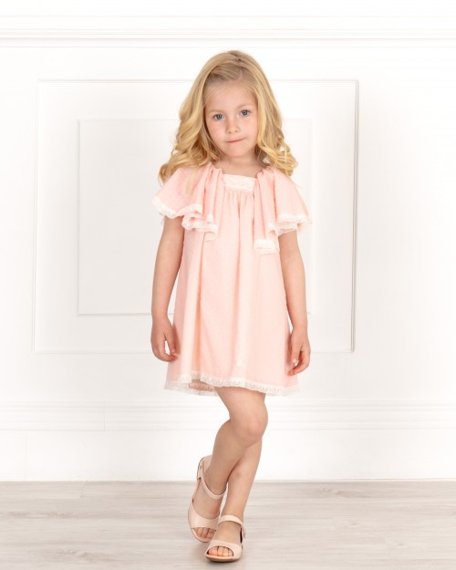 Girls Pale Pink Dress & Ruffle Sleeves & Make-up Patent Leather Sandals Outfit 