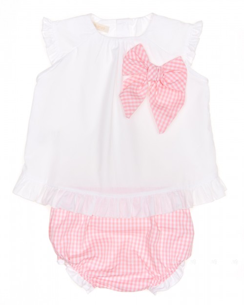 Baby Girls White Blouse & Pastel Pink Gingham Shorts Set 