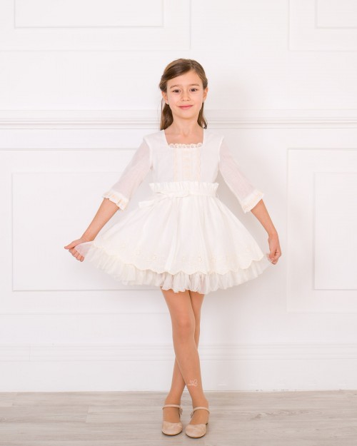 Girls Ivory Embroidered & Tulle Dress