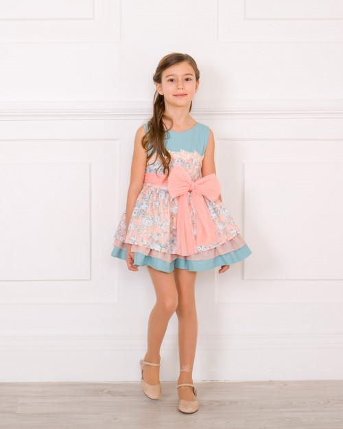 Girls Pink & Pale Blue Floral Print Dress Outfit