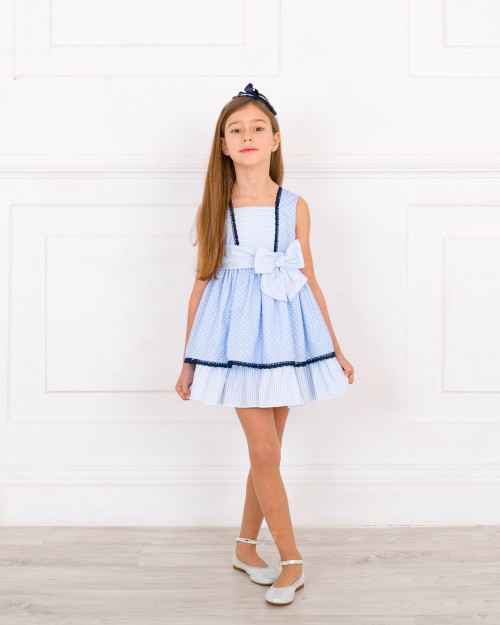 Girls Blue Polka Dot Dress with Bow Belt Outfit
