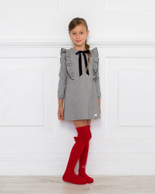 Girls Black & White Houndstooth Dress with Velvet Bow Outfit