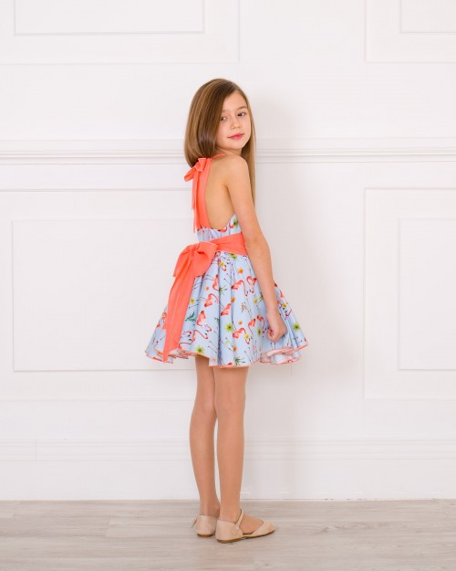 Girls Blue & Coral Flamingo Flared Dress with Sash Outfit