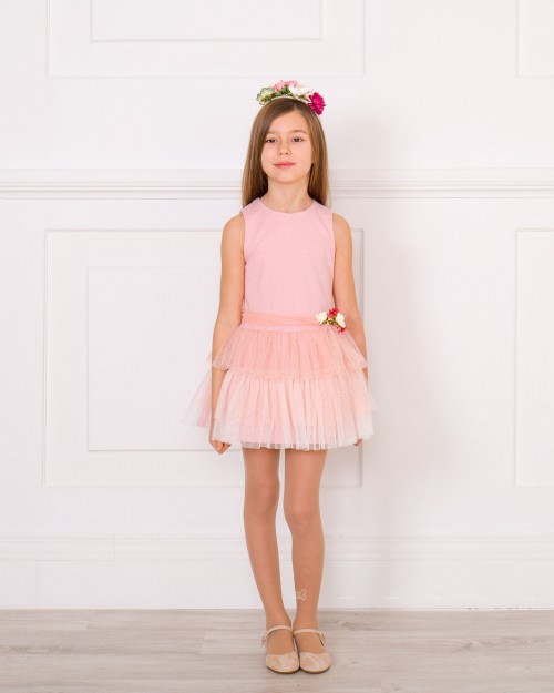 Girls Pale Pink Layered Dress with Tulle Sash Outfit