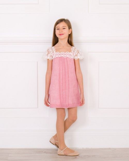 Girls Pink & Ivory Muslin Dress with Lace Neckline Outfit