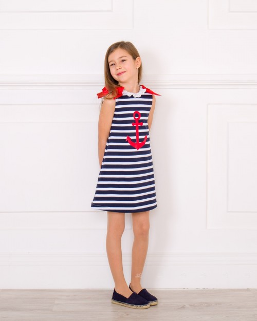Girls Navy Blue & White Striped Sailor Dress Outfit