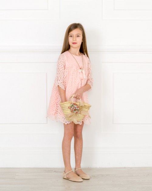 Girls Pink Lace Dress with Collar Outfit