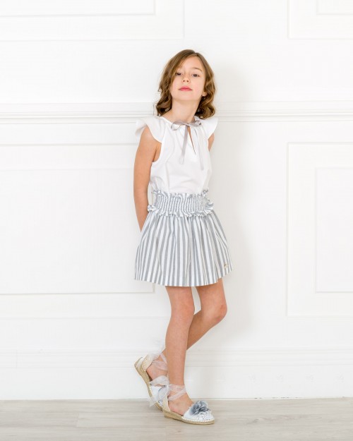 Girls White Poplin Blouse & Grey White Striped Cotton Skirt Outfit