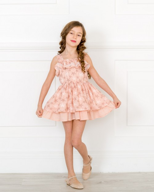 Girls Pale Peach Sea Star Embroidered Muslin Dress Outfit