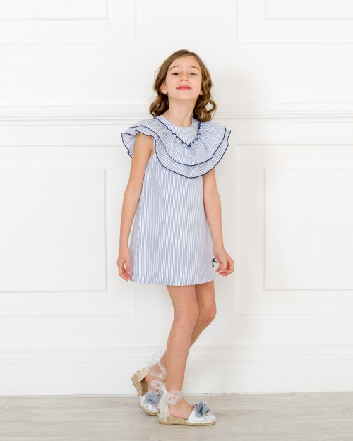 Girls White & Blue Striped Dress with Ruffle Collar Outfit