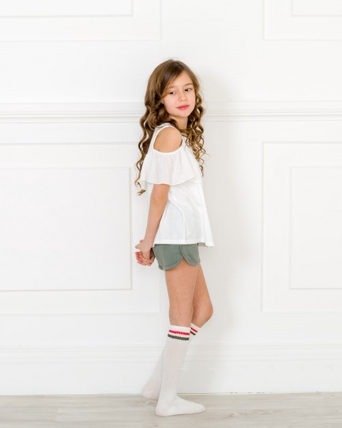 Girls OFF White Top with Bambula Ruffle & Green Organic Cotton Shorts Outfit