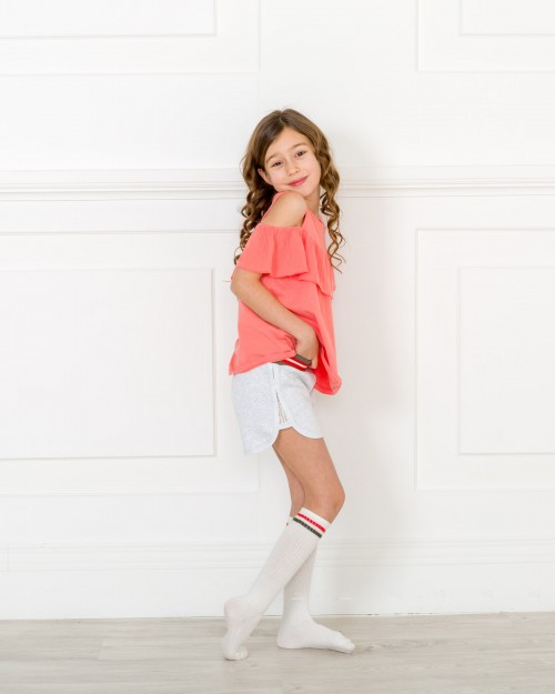 Girls OFF Coral Pink Top with Bambula Ruffle & Grey Jersey Cotton Shorts Outfit