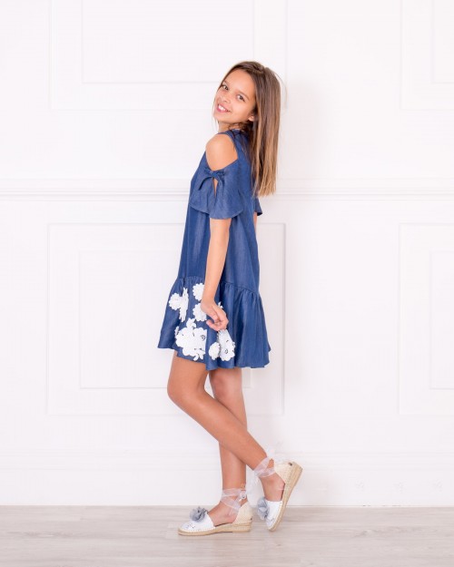 Girls Chambray OFF the Shoulder Dress with Floral Hem Outfit