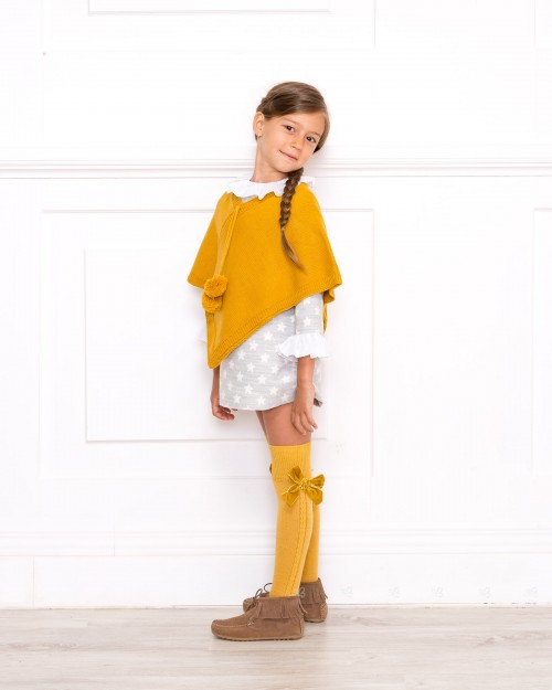 Girls Stars Dress with Mustard Knitted Poncho & Mink Suede Boots Outfit