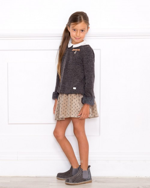 Girls Dark Gray Sweater & Skull Print Dress Set with Suede Boots Outfit