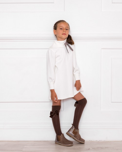 Girls White Neoprene Dress with Chocolate Bow & Taupe Boots Outfit
