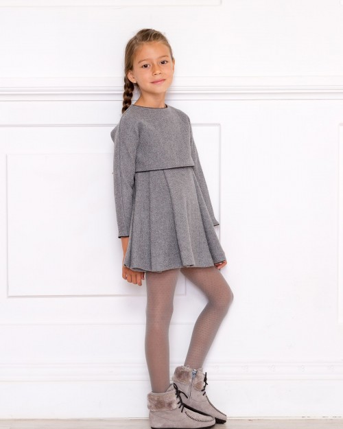 Girls Grey Wool 2 Piece Effect Dress & Grey with White Dots Cardigan Outfit