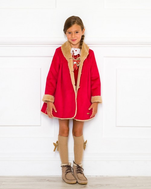 Girls Red & Beige Double Sided Synthetic Fur Coat Outfit