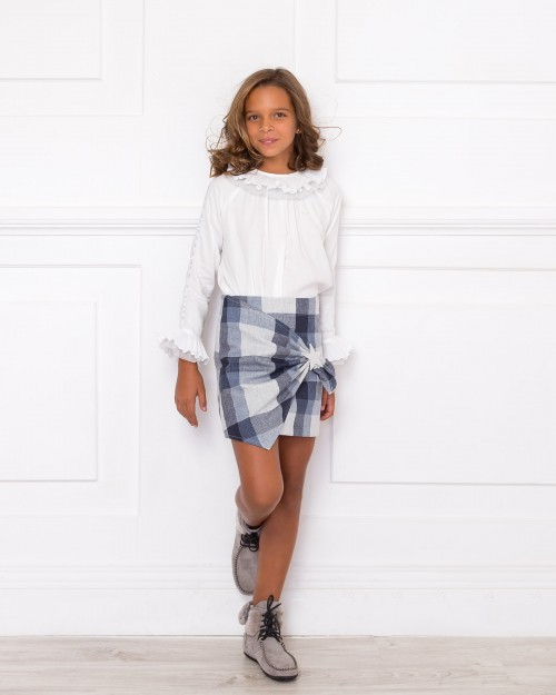 Girls White Viscose Blouse & Navy Blue Checked Skirt Set Outfit