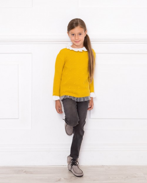 Girls Mustard Knitted Sweater & Dark Grey Denim Slim Fit Jeans Outfit