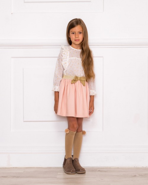 Girls Ivory Blouse & Pale Pink Viscose Skirt Set Outfit