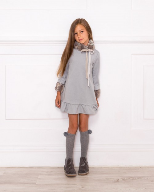 Girls Gray Jersey Dress with Removable Fur & Gray Suede Boots Outfit