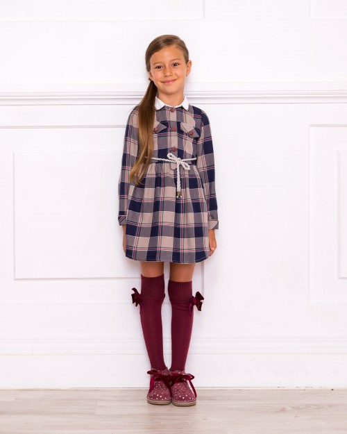 Girls Navy Blue & Burgundy Tartan Shirt Dress Outfit