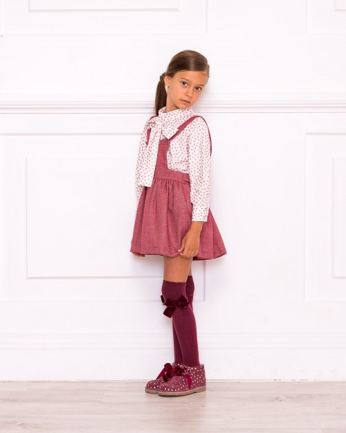 Girls White & Pink Blouse with Burgundy Pinafore skirt Outfit
